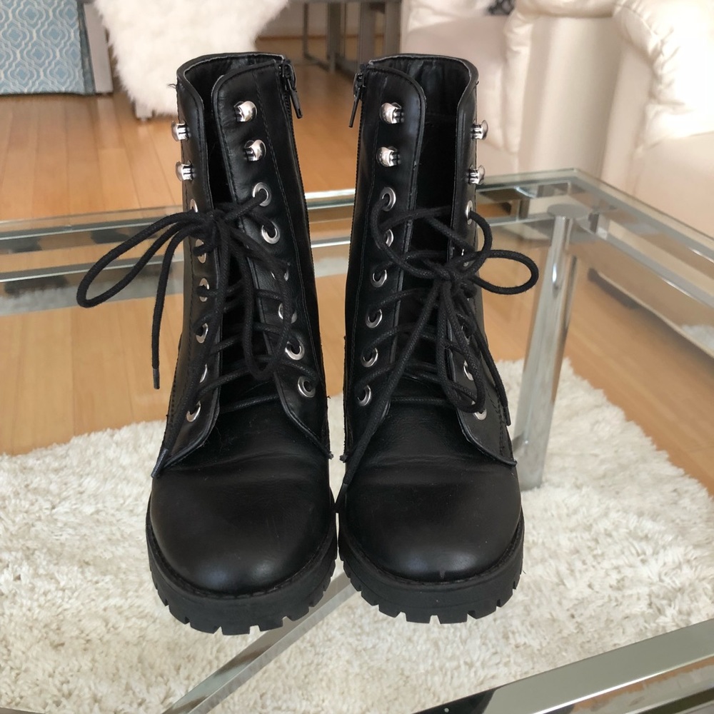 Black leather combat boots